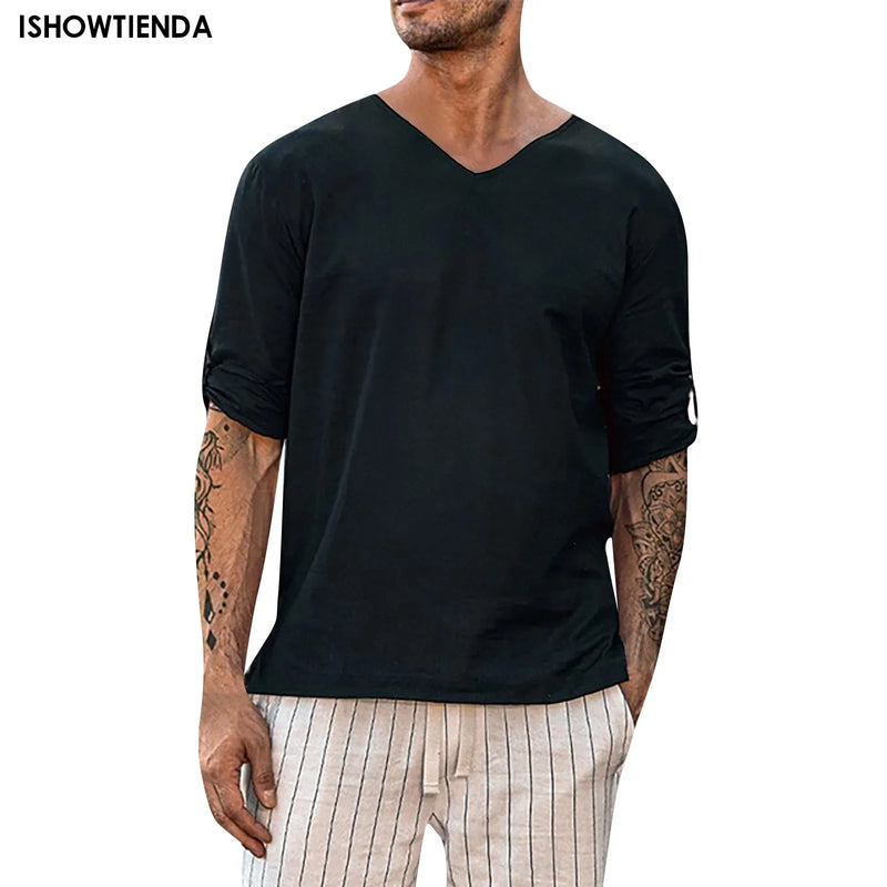 Camisas de Algodão e Linho para Homens, Manga Longa e Estilo Casual!  ATENÇÃO, faça a conversão de tamanho, conforme a tabela da segunda imagem! Recomendável comprar sempre uma numeração maior.