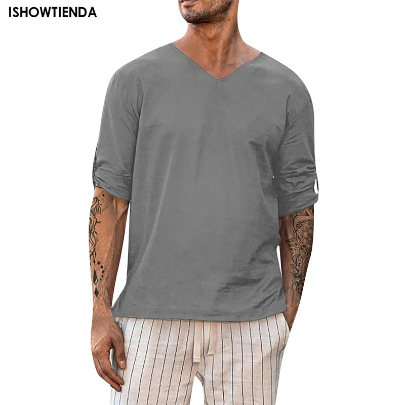 Camisas de Algodão e Linho para Homens, Manga Longa e Estilo Casual!  ATENÇÃO, faça a conversão de tamanho, conforme a tabela da segunda imagem! Recomendável comprar sempre uma numeração maior.