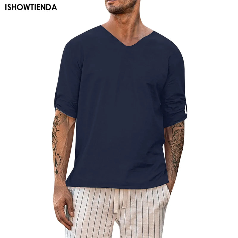 Camisas de Algodão e Linho para Homens, Manga Longa e Estilo Casual!  ATENÇÃO, faça a conversão de tamanho, conforme a tabela da segunda imagem! Recomendável comprar sempre uma numeração maior.
