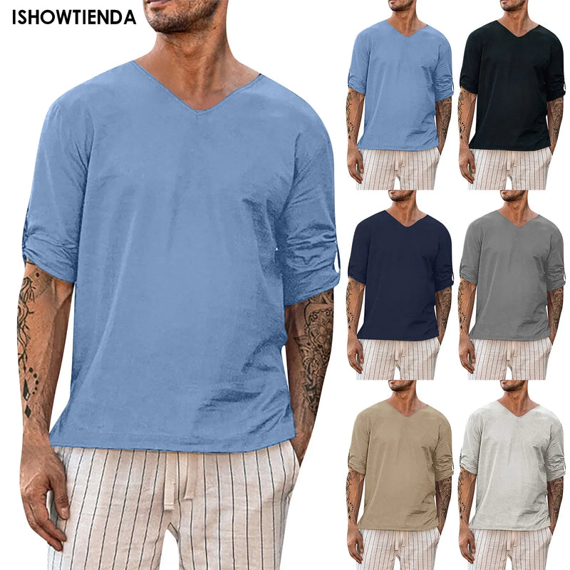 Camisas de Algodão e Linho para Homens, Manga Longa e Estilo Casual!  ATENÇÃO, faça a conversão de tamanho, conforme a tabela da segunda imagem! Recomendável comprar sempre uma numeração maior.